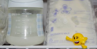 frozzen anne sütü taze expresed anne sütü, smille, emzirme kavramı ile dondurucu ve bebek şişe içinde saklanan depolama torbalarda çok