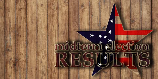 Midterm election voting results, text on wooden background and usa flag in star shape