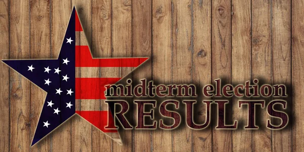 Midterm election voting results, text on wooden background and usa flag in star shape