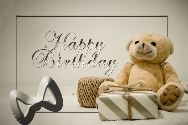Happy Birthday Postcard Teddy Bear Gift Box Neutral Colors — Stock Photo, Image
