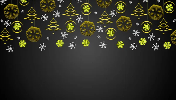 Černé Vánoční Pozadí Zlatými Závěsné Ozdoby Sněhové Vločky Visící Shora — Stock fotografie