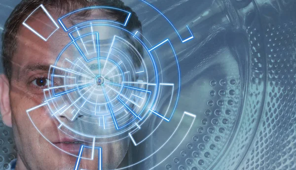 Портрет Красивого Мужчины Техническим Рисунком Глазах Концепция Цифровой Идентификации Распознавание — стоковое фото