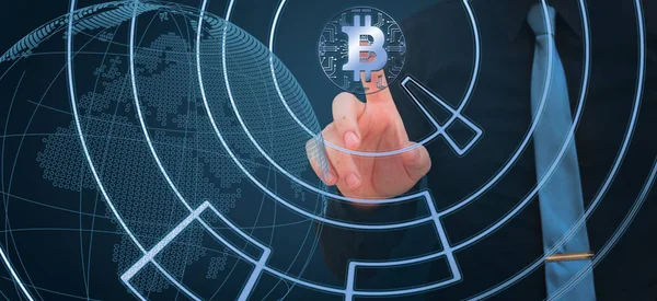 Zakenman Wijzend Vinger Bitcoin Digitale Cryptogeld Met Aandelenmarkt Grafiek Wereldbol — Stockfoto