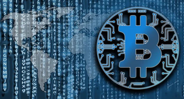 Bitcoin on matrix code background with world map. Digital monetary sistem, Criyptpcurency concept
