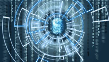 Soyut parmak izi om sanal ekran arka plan ve çevresindeki, biyometrik doğrulama kavramı kuvvetler matris kod ile