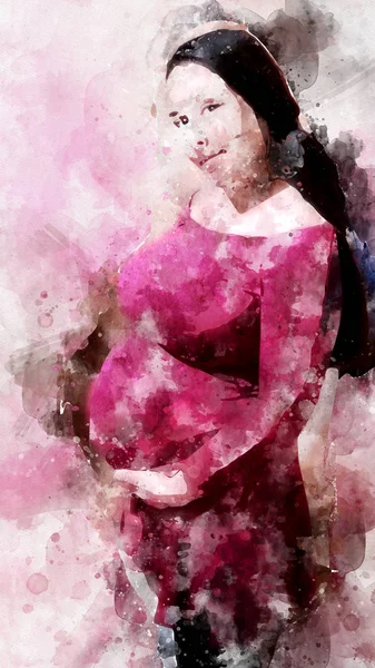 hamile kadın karnında tutarak digitaly oluşturulan suluboya resim