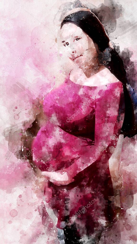 digitaly created watercolour picture of pregnant woman holding her belly