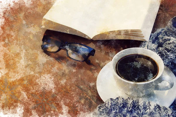 coffee break time - watercolour digitaly created table with coffee, scarf, book, reading glasses - winter break concept