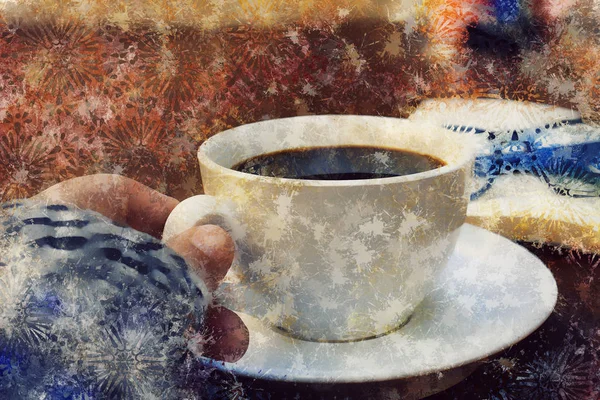 coffee break time - watercolour digitaly created table with coffee, scarf, book, reading glasses - winter break concept
