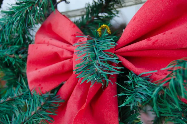 Decoração Natal Fita Vermelha Fechar Enfeites Natal — Fotografia de Stock