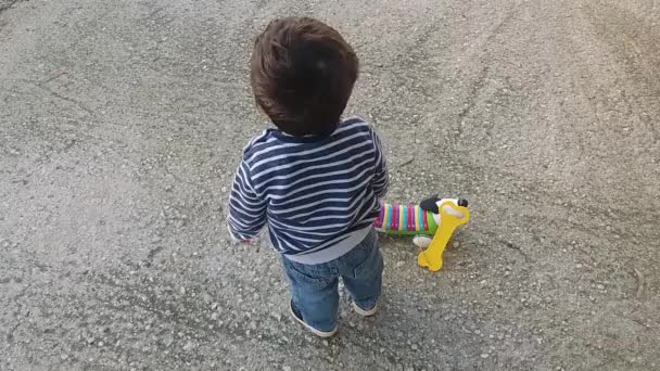 Baby boy one and a half year old, with dog toy explaining something on baby language and gesticulating with hands — Stock Video