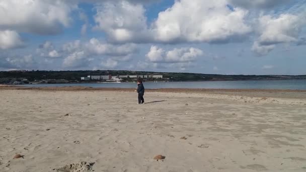 人がいない砂浜、晴れた日の青い空と白い雲に海の雑草のボールと遊ぶ 1 つと歳半の男の子 — ストック動画