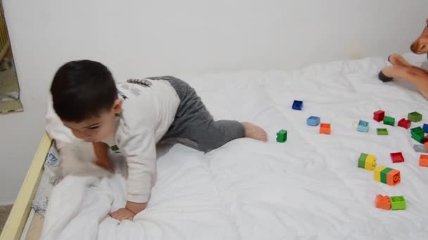Півторарічний хлопчик грає з лего-блоками та м'якою іграшкою, дорогою на ліжку — стокове відео