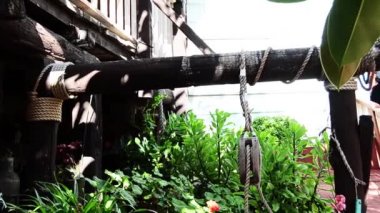 Eski kuyunun bitkilerle çevrili metal kova ile