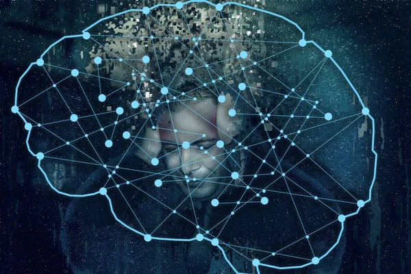 Adam bir baş ağrısı fütüristik tasarımı, overthinking, yapay zekası için-ihtiyaç ile zihin ve sağlık kavramı