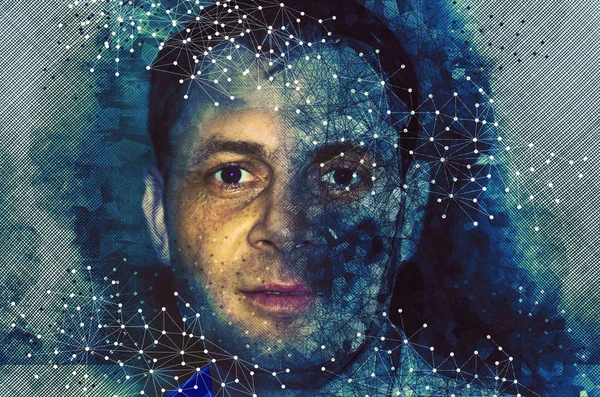 Polygonail şekiller, ciborg göz - fütüristik, yapay zeka ve akıl kavramı ile bir adam portresi