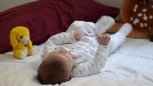 Lindo Árbol Meses Viejo Bebé Niño Vestido Blanco Colcha Blanca — Vídeo de stock
