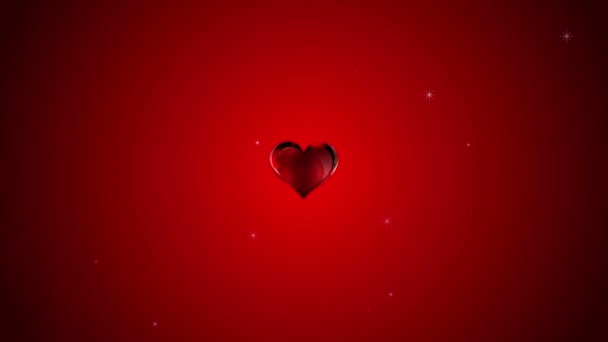 Animación del día de San Valentín, fondo rojo con corazones giratorios y destellos y un gran corazón emergiendo y deslizándose hacia la izquierda — Vídeo de stock