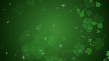 St Patricks Günü illüstrasyon, yonca parıldıyor ile yeşil arka plan üzerinde dönen yapraklar