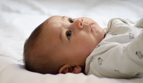 Cutte Boom Maanden Oude Babyjongen Gekleed Het Wit Het Witte — Stockfoto