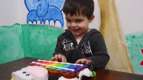 Leuke Twee Jaar Oude Jongen Spelen Xylofoon — Stockvideo