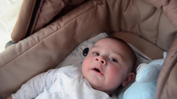 可爱的3个月大男婴在婴儿携带婴儿床关闭搞笑的脸 — 图库视频影像