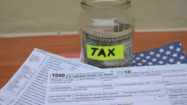 Statick Shoot Jar Tax Label One Dollar Note 1040 Form — Stockvideo