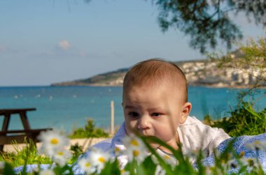 Karın vakit ağaç ve deniz içinde belgili tanımlık geçmiş - mutlu çocukluk ve ekoloji kavramı altında şirin 4 aylık erkek bebek