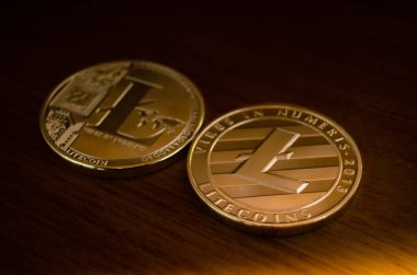 Ahşap masa üzerinde iki litecoins, yakın çekim