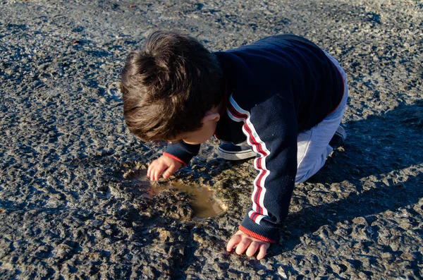 Lindo niño de dos años jugando con agua en el camino de piedra —  Fotos de Stock