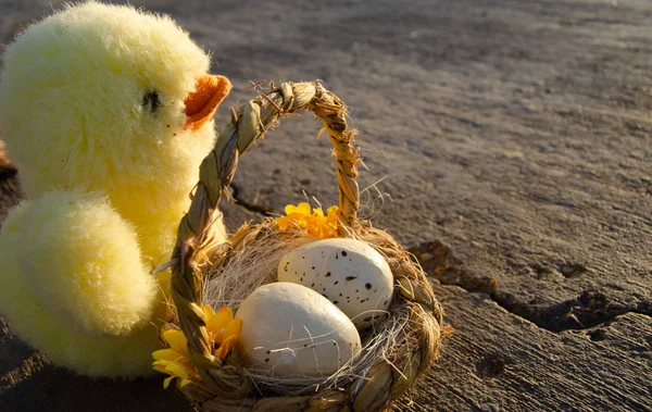 Söt liten kyckling leksak och en korg med två påskägg på havet doc - påsk koncept — Stockfoto