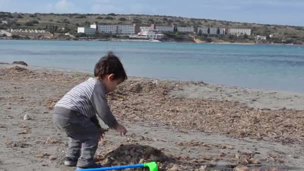 Mignon tout-petit jouer avec bâton de golf en plastique et du sable sur la plage avec des algues — Video