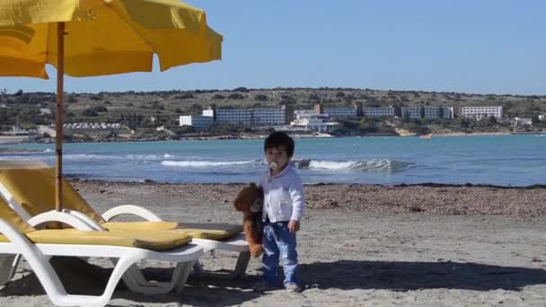 Mignon garçon de deux ans avec ours en peluche sur la plage de sable temps froid — Video