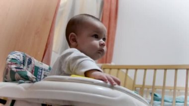 düşük açı çekim Sevimli altı aylık bebek bebek bebek walker erken gelişim, nasıl yürümeyi öğrenme