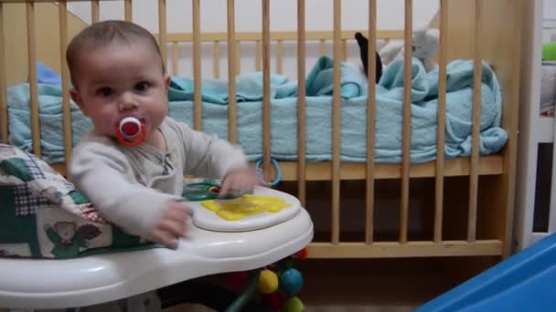 Singles spielen zusammen im Zimmer, zweijähriger Junge spielt mit dem kleinen Bruder im Rollator — Stockvideo