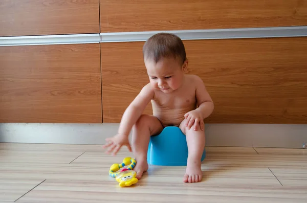 Lindo niño de seis meses de edad sentado en el orinal azul —  Fotos de Stock