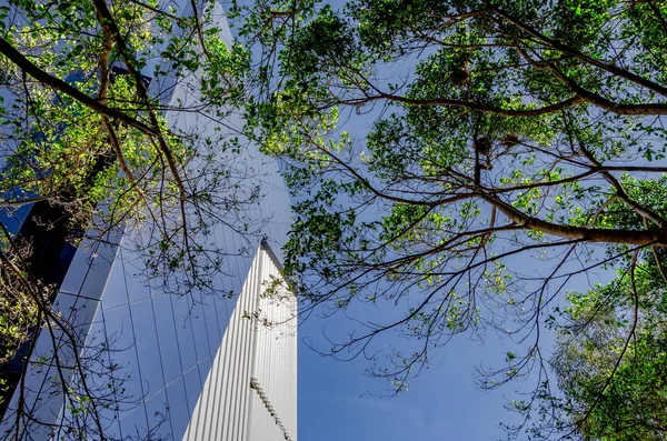 Brillantes edificios azules de la ciudad con nubes — Foto de Stock