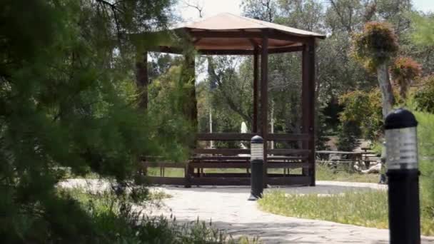 Насолоджуючись днем у природі - сцена з парку та альтанки з фонтанною водою, пережитою деревами — стокове відео