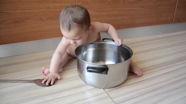 Mignon six mois bébé garçon jouer avec pot de cuisson et cuillère en bois — Video