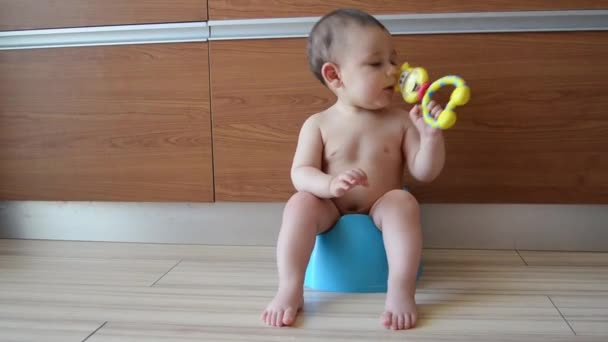 Lindo niño de seis meses sentado en el orinal y jugando con el juguete de dentición — Vídeo de stock