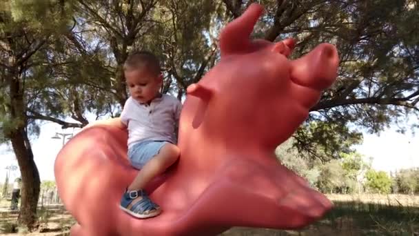 Schattig peuter paardrijden een varken in het park terwijl zijn broer loopt in de achtergrond — Stockvideo