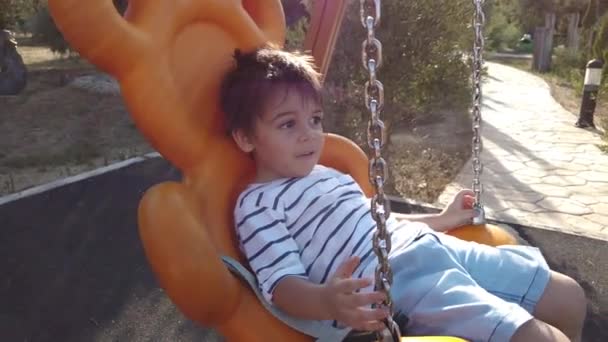 Симпатичный 3-летний мальчик качается на качелях со своим маленьким братом — стоковое видео