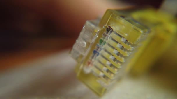 Gul LAN nätverksanslutning Ethernet-kabel. Internet sladd RJ45 närbild — Stockvideo