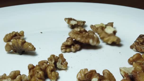 Закрыть, грецкие орехи на белой тарелке в медленном движении — стоковое видео