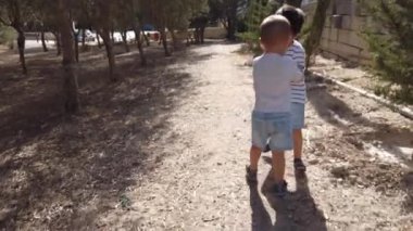 Şirin kardeşler, yeni yürümeye başlayan bir çocuk ve parkta yürüyen 4 yaşında bir çocuk. Bebek kardeşini itiyor.