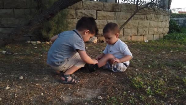 Χαριτωμένο 4 ετών βοηθώντας τον αδελφό του να καθαρίσει το γόνατο αφού ένιωσε κάτω. Αδέρφια που φροντίζουν ο ένας τον άλλον — Αρχείο Βίντεο
