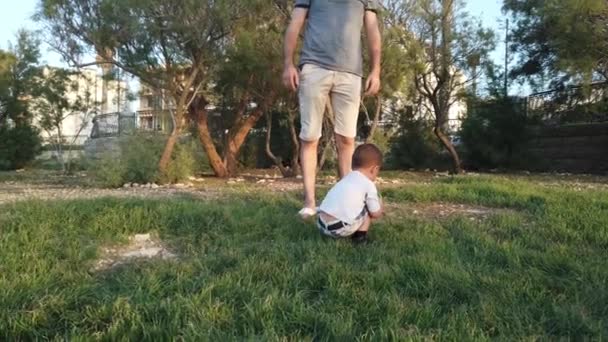 プラスチックボトルから水を飲む愛らしい幼児とパパは彼を見てください。家族の絆 — ストック動画