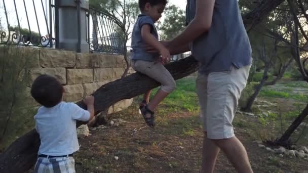 Vader en zonen spelen in het park. Vader leert zoon om op de boom te klimmen. Baby spelen met boomschors — Stockvideo