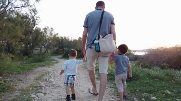 Babamızın iki küçük oğlu parkta yürürken görüntüsü. — Stok video