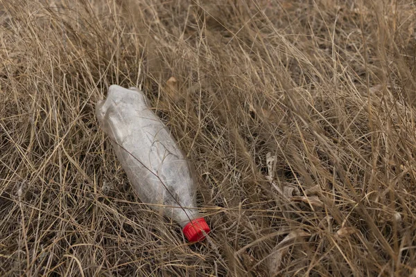 Bouteille en plastique vide sur l'herbe sèche. Pollution de l'environnement. Sauvez la planète. Problème écologique. Nature et déchets thème . — Photo